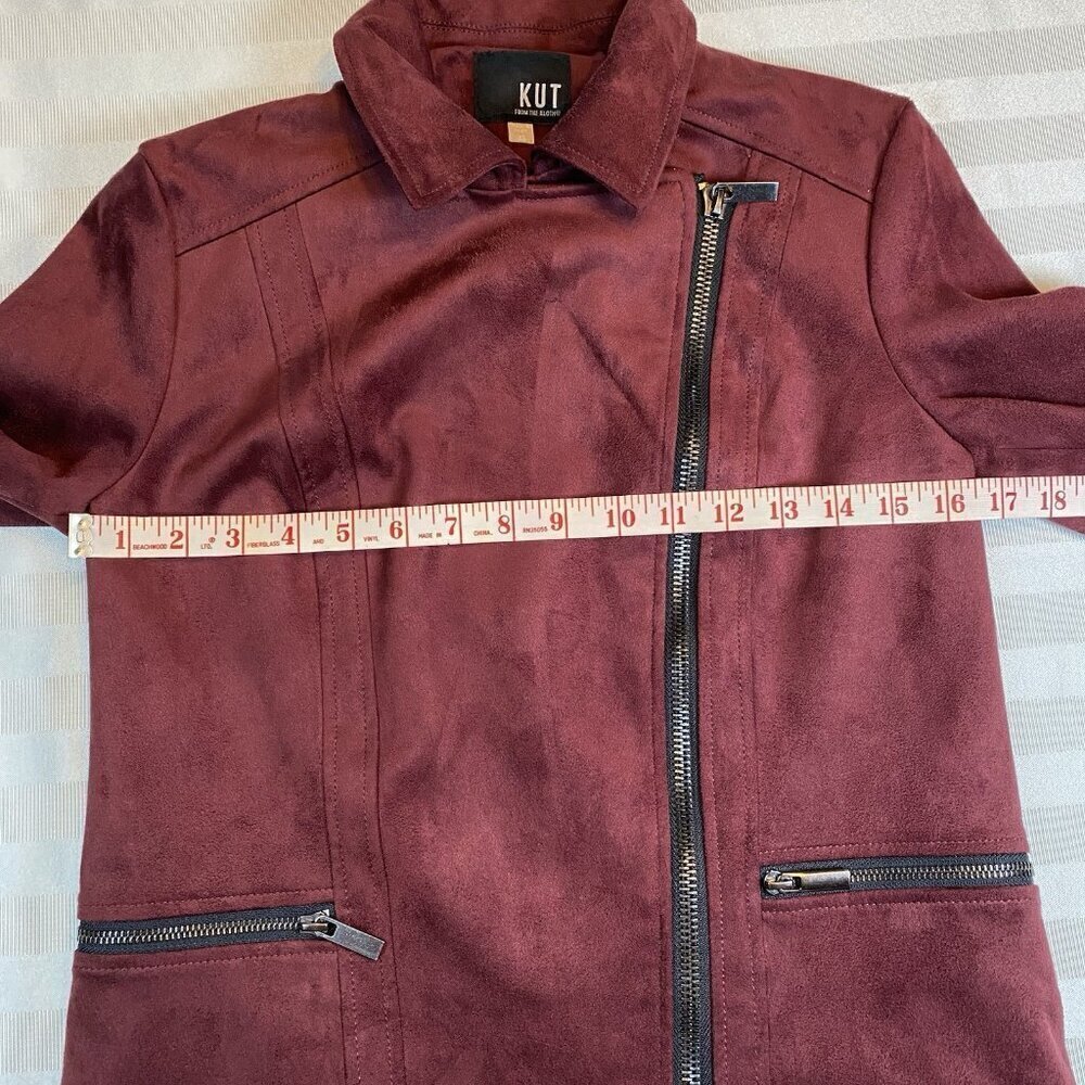 KUT From The Kloth Moto Jacket Womens Sz XS Burgundy Faux Suede Asymmetrical Zip - Picture 11 of 14